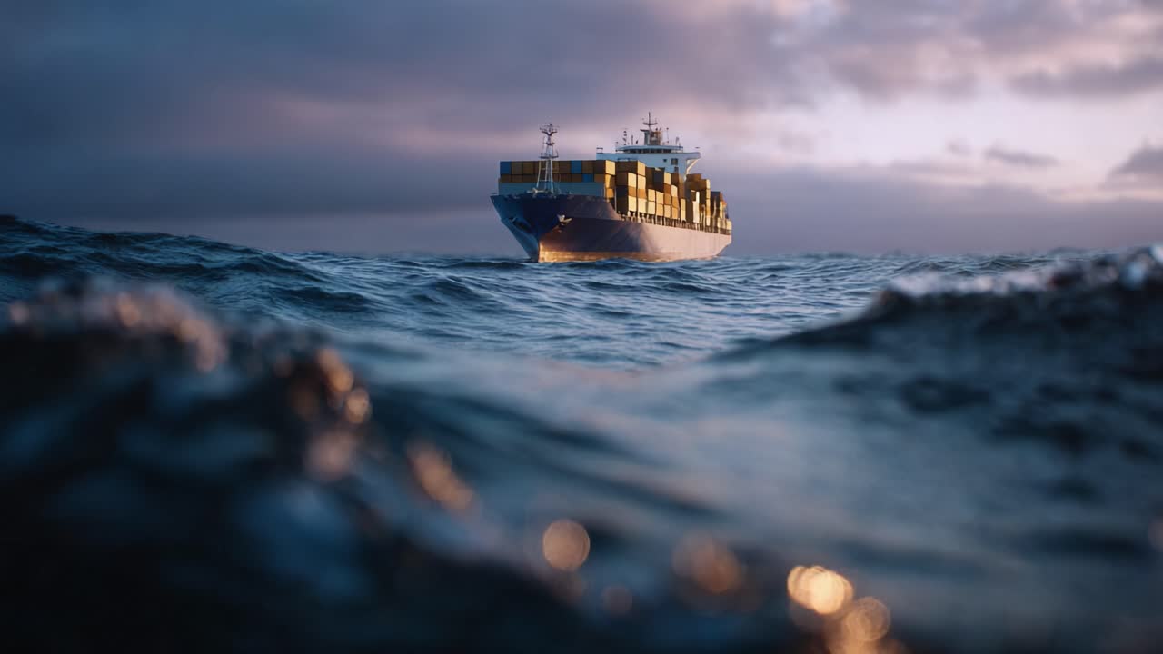 Maestosa nave portacontainer che naviga in acque calme all'alba, illuminata da luce soffusa che si riflette sulle onde dell'oceano e con un cielo drammatico sullo sfondo