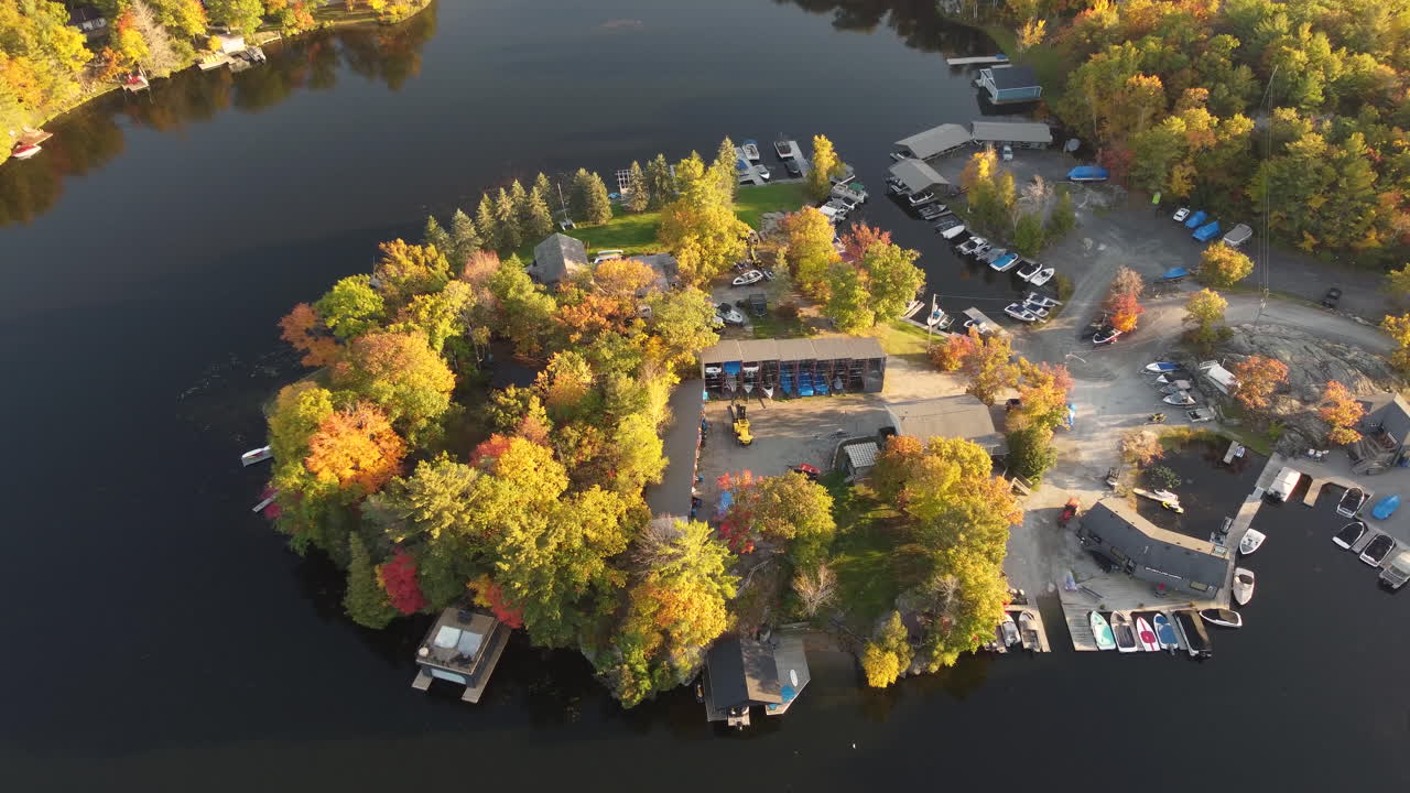 barcos y personas se reúnen en una pequeña isla alrededor de una gran masa de agua durante el otoño en un bosque canadiense | aéreo