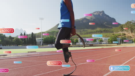 animation of notifications over african american man with prosthetic legs jumping on running track