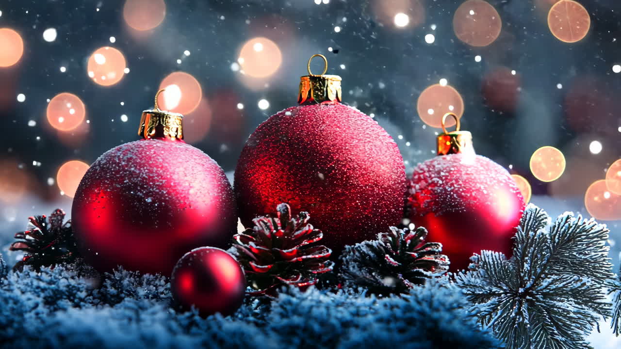 Three red Christmas ornaments are sitting on a snowy ground. The snow is falling around them, creating a peaceful and serene atmosphere