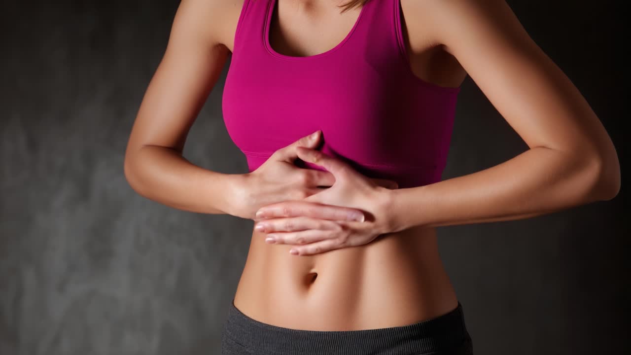 A Young Woman Expressing Discomfort in Her Abdominal Region While Wearing a Pink Top and Black Pants, Reflecting a Common Experience of Stomach Pain and Physical Discomfort