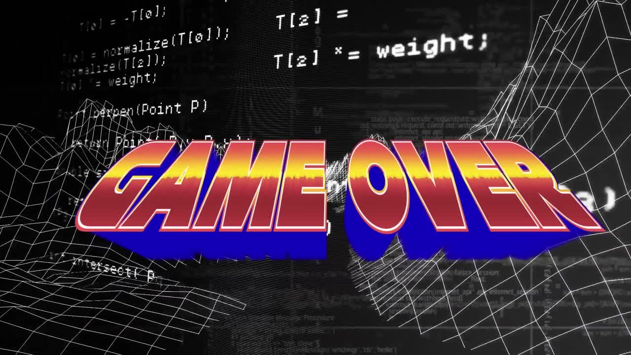 게임 오버의 애니메이션과 검은색 배경의 메타버스 풍경에 대한 데이터 처리