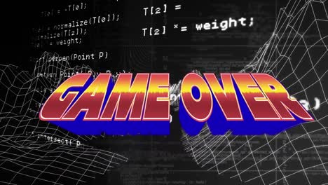 Animation-Von-Game-Over-Und-Datenverarbeitung-über-Metaverse-Landschaft-Auf-Schwarzem-Hintergrund