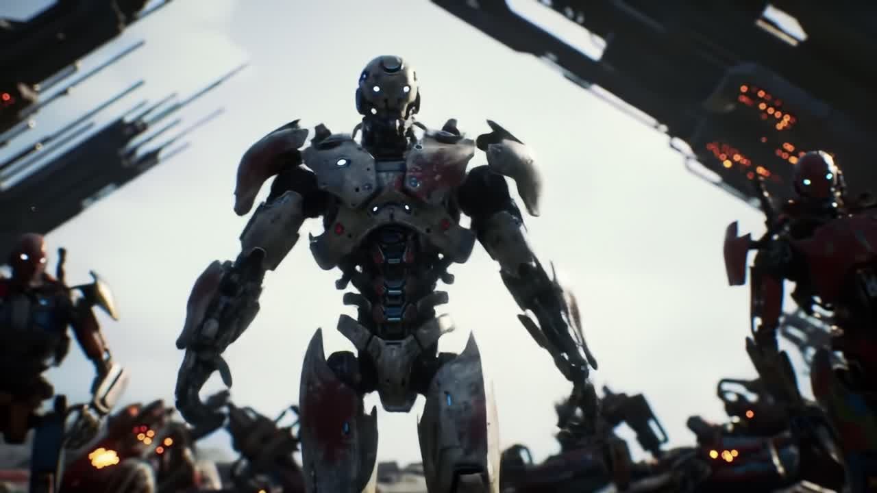 A futuristic robotic warrior stands boldly at the center of a confrontation amidst a backdrop of advanced machinery and weapons, showcasing intricate designs and battle-ready features
