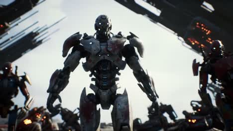 a futuristic robotic warrior stands boldly at the center of a confrontation amidst a backdrop of advanced machinery and weapons, showcasing intricate designs and battle-ready features