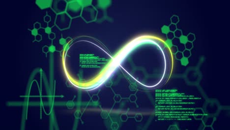 animación del infinito sobre datos y fórmulas químicas en el fondo de la marina