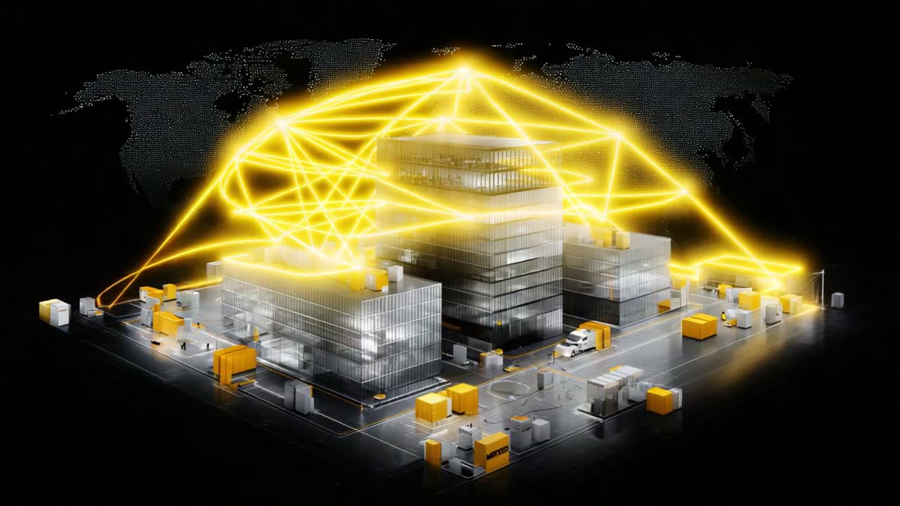 Visualizzazione avanzata della rete logistica che illustra uno scenario di magazzino high-tech con connessioni dati attive su uno sfondo scuro e linee della griglia globale