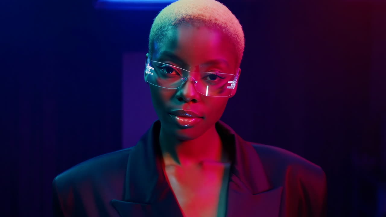 A Woman in Futuristic Glasses under Neon Lights