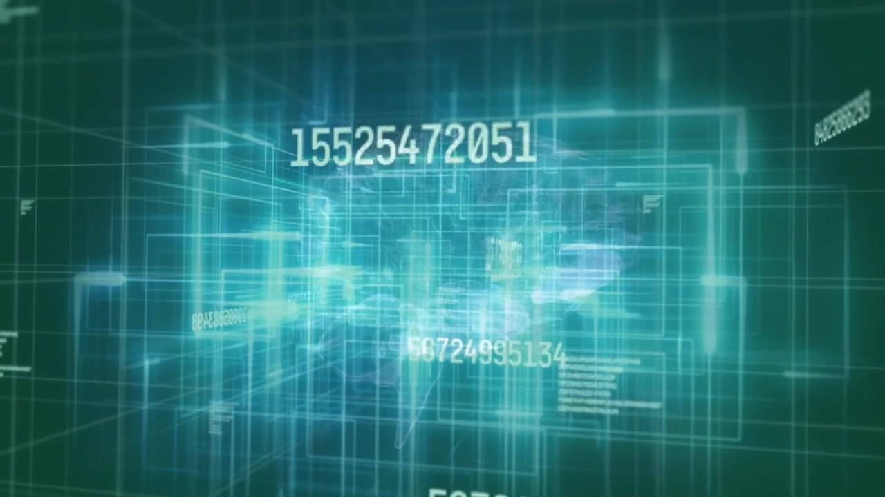 Numeric clusters appearing on wireframes while camera panning showing forms converging into brain