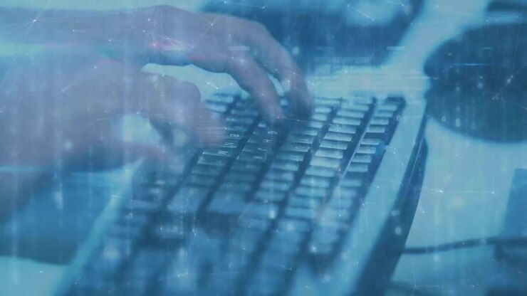 Poised fingers initiating rhythmic typing on keyboard, right hand sliding for continuous data entry