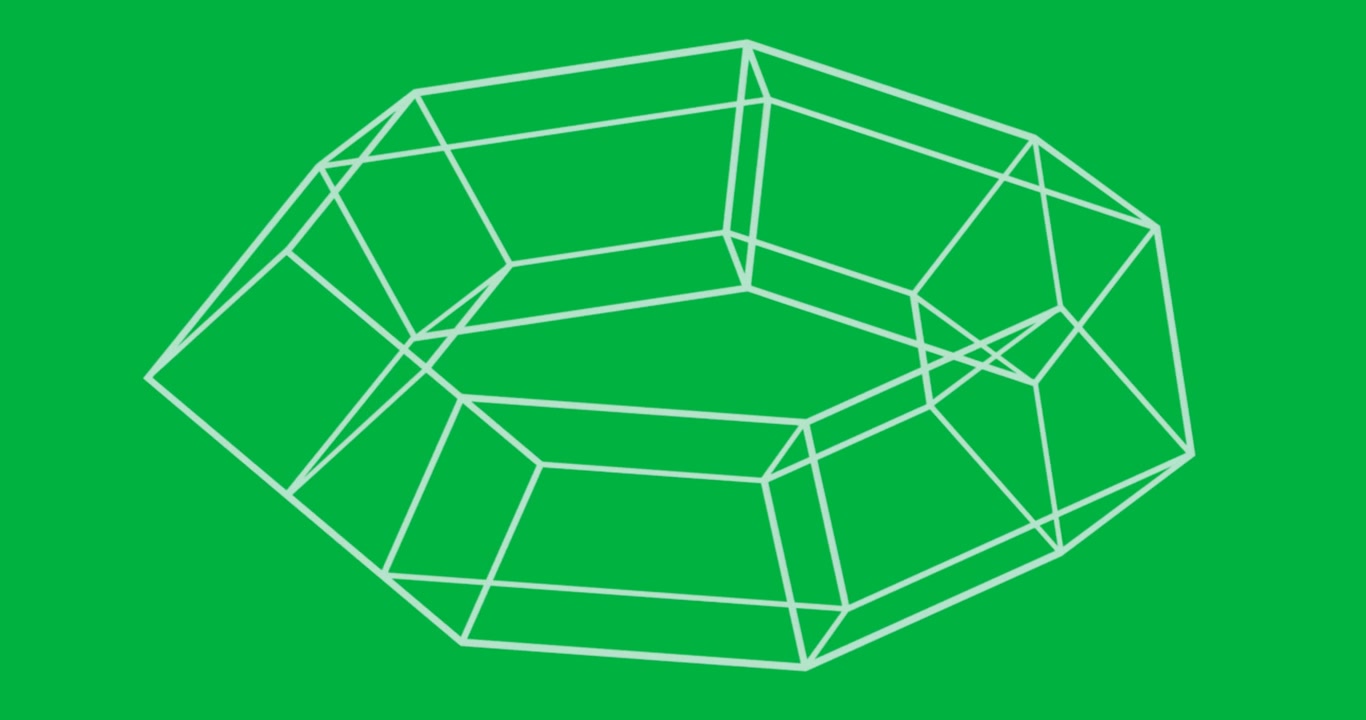 Anello wireframe verde neon in rotazione in uno spazio di design digitale, che evidenzia lo sfondo trasparente