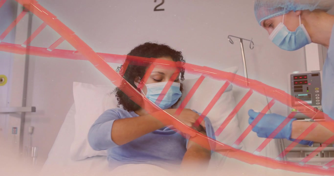 Medical staff entering ward with syringe patient rolling sleeve for injection as DNA helix sweeping