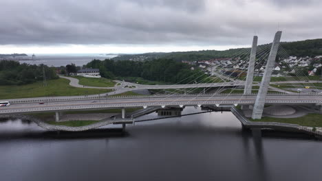 farris bridge in larvik on a cloudy day in norway - aerial shot