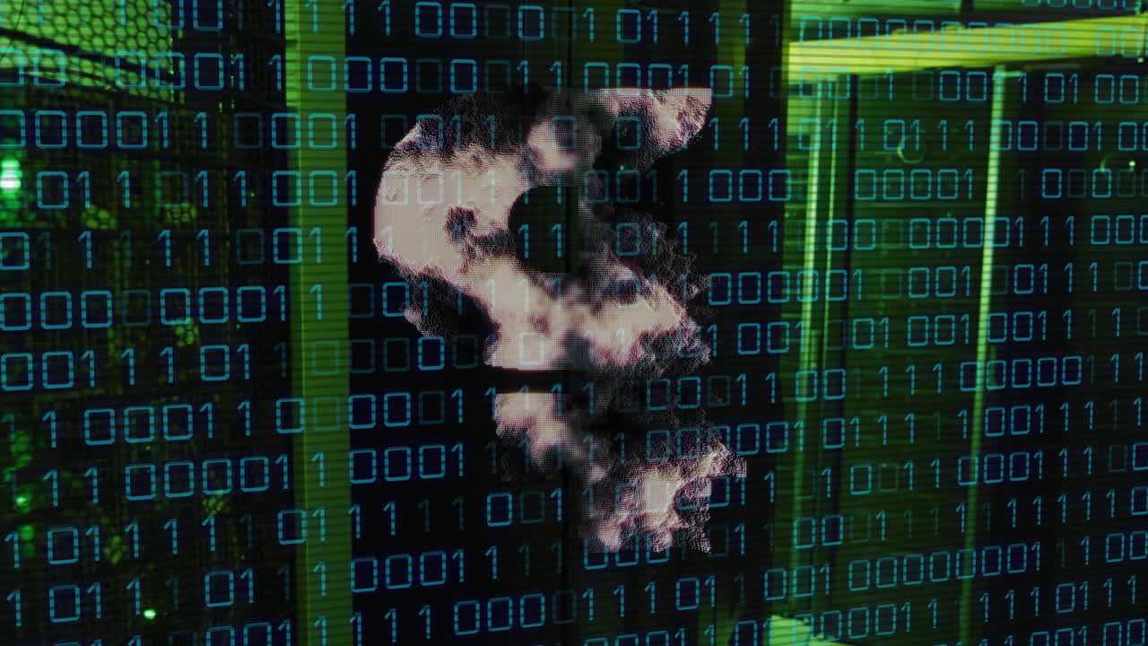 Animation of cryptocurrency, binary coding and data processing over computer servers