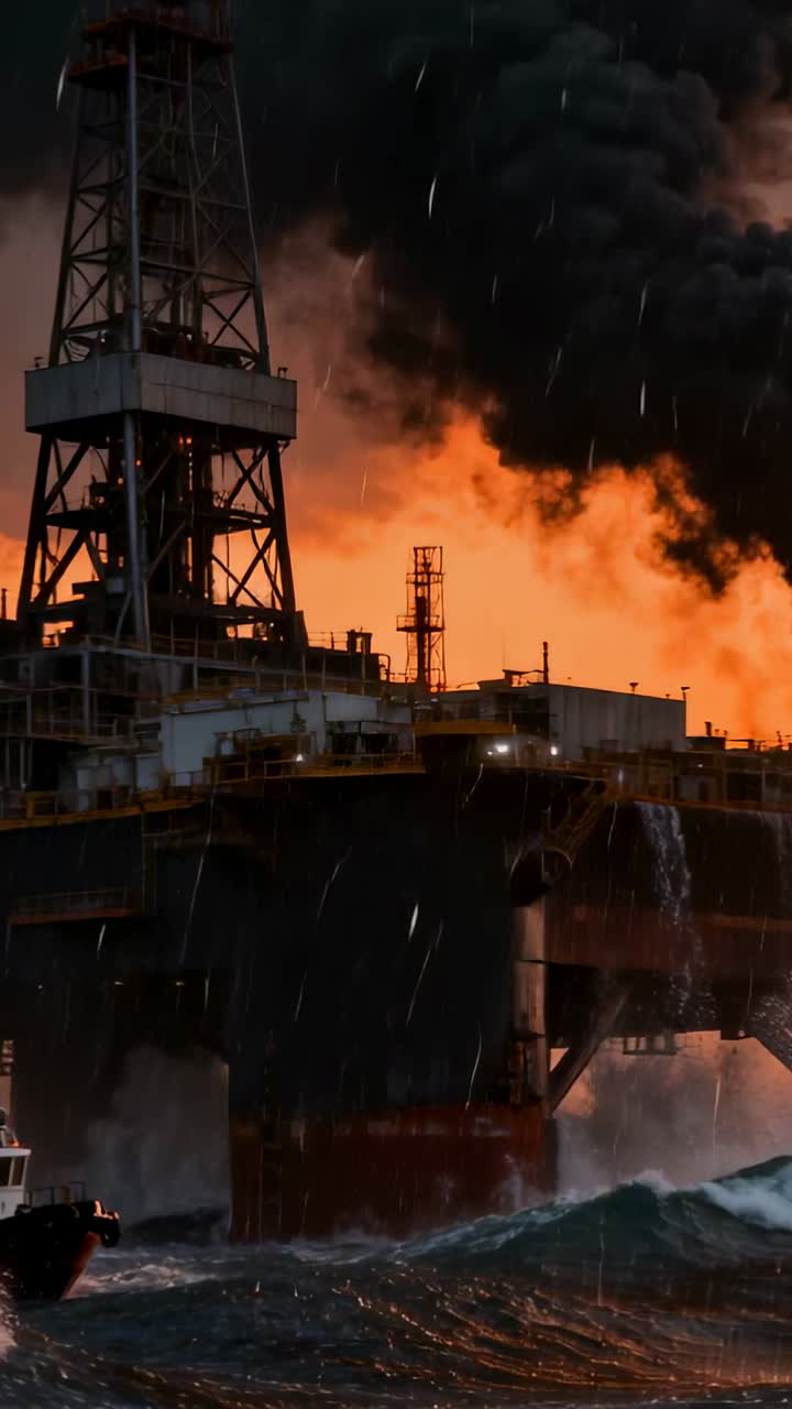 Vertikal video: Brand bryder ud på en offshore olieplatform til søs, redningsbåd nærmer sig for at redde besætningen.