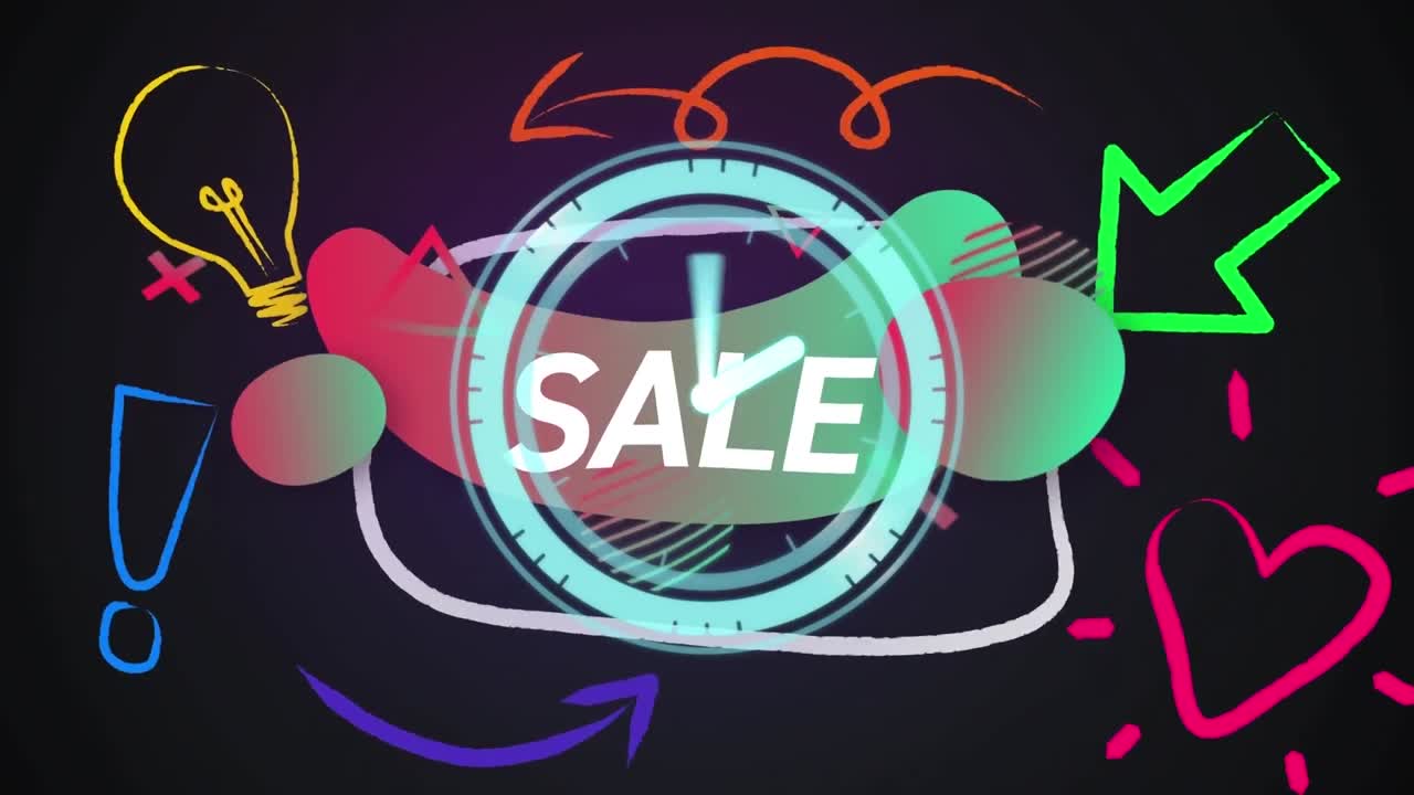 검은색 배경에 판매 텍스트와 비즈니스 아이콘의 애니메이션