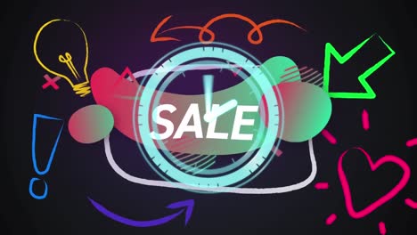 animation of sale text and business icons on black background