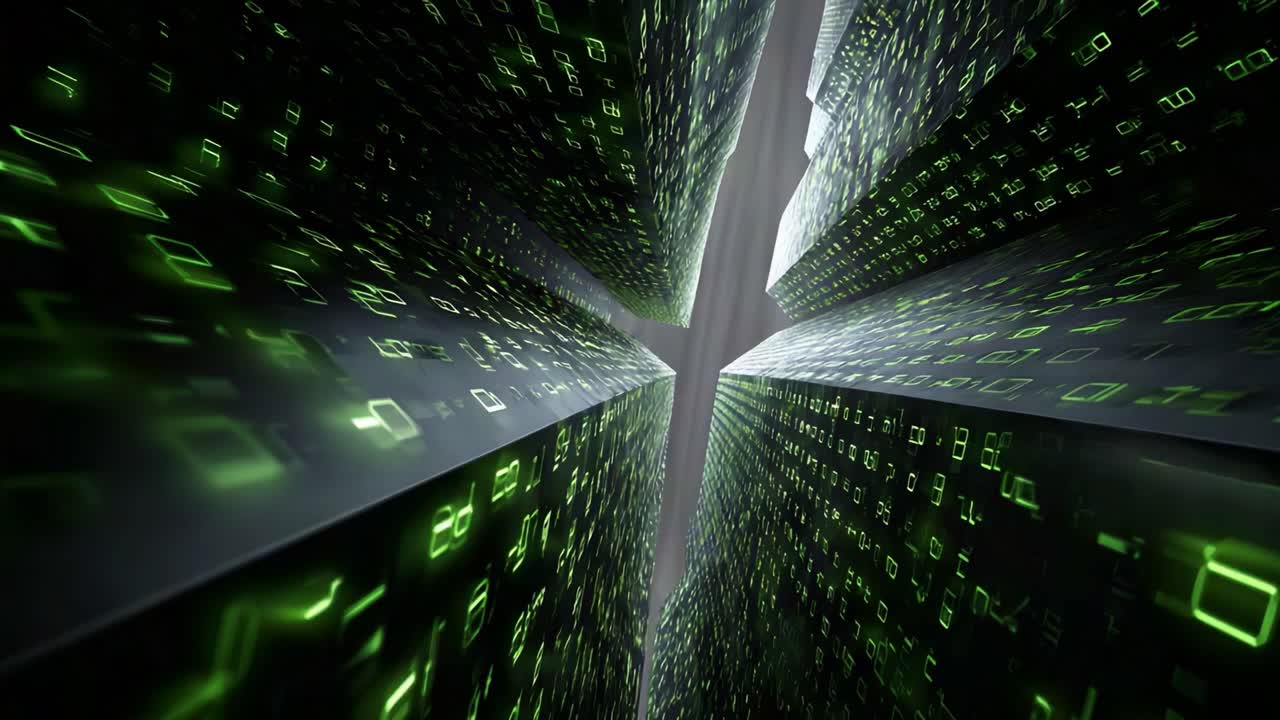 An Immersive View in a Digital World of Green Matrix Code Representing Technology and Data Flow with Vertical Structures Surrounding the Viewer in a Futuristic Environment