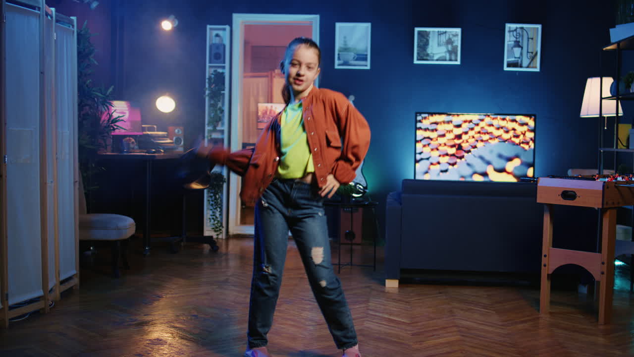 Child filming viral videos in apartment, impressing children viewers with dance moves