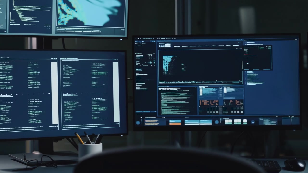 Panoramic close-up of multi-monitor workstation showing three large displays filled with terminal windows, code listings, log outputs, and small charts
