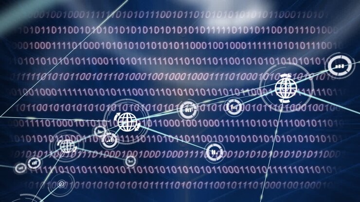 Animation of network of connection with icons over blue background with binary code