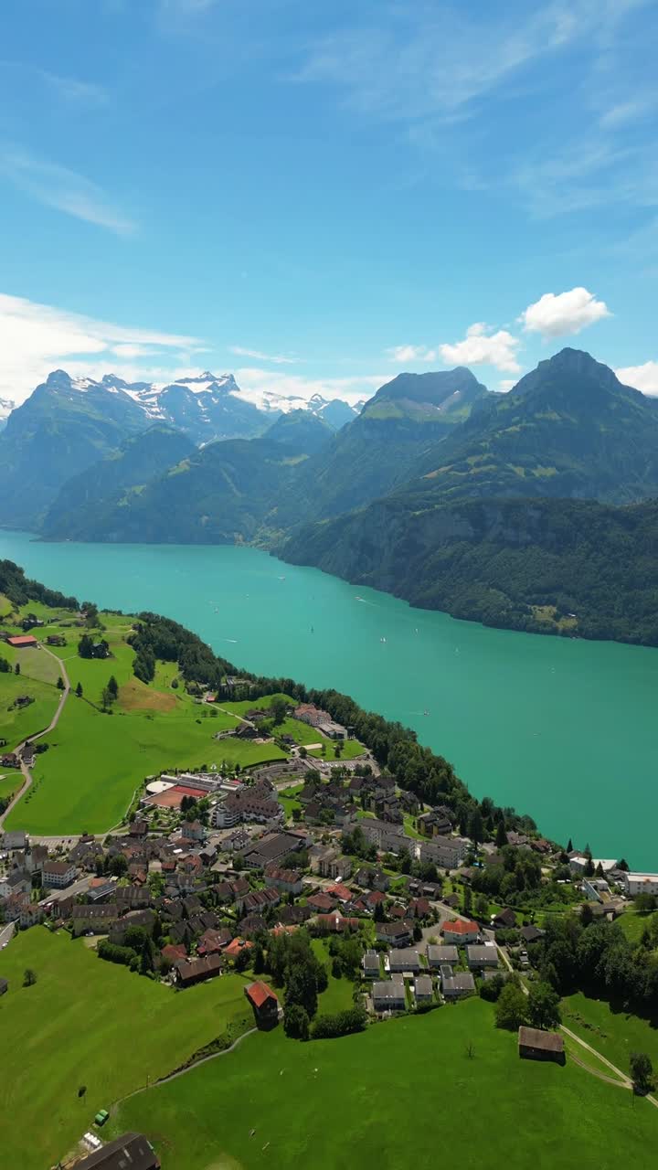 Lake Lucerne popular tourist destination Switzerland Swiss alpine region, aerial drone