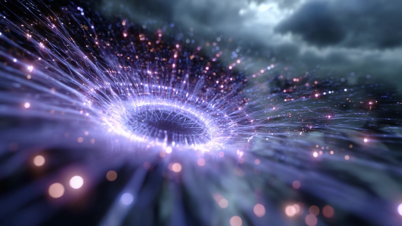Abstrakt visualisering af en hvirvlende vortex, der udsender strålende partikler i atmosfæren, omgivet af tynde skyer og en æterisk baggrund oplyst af stjernelys.