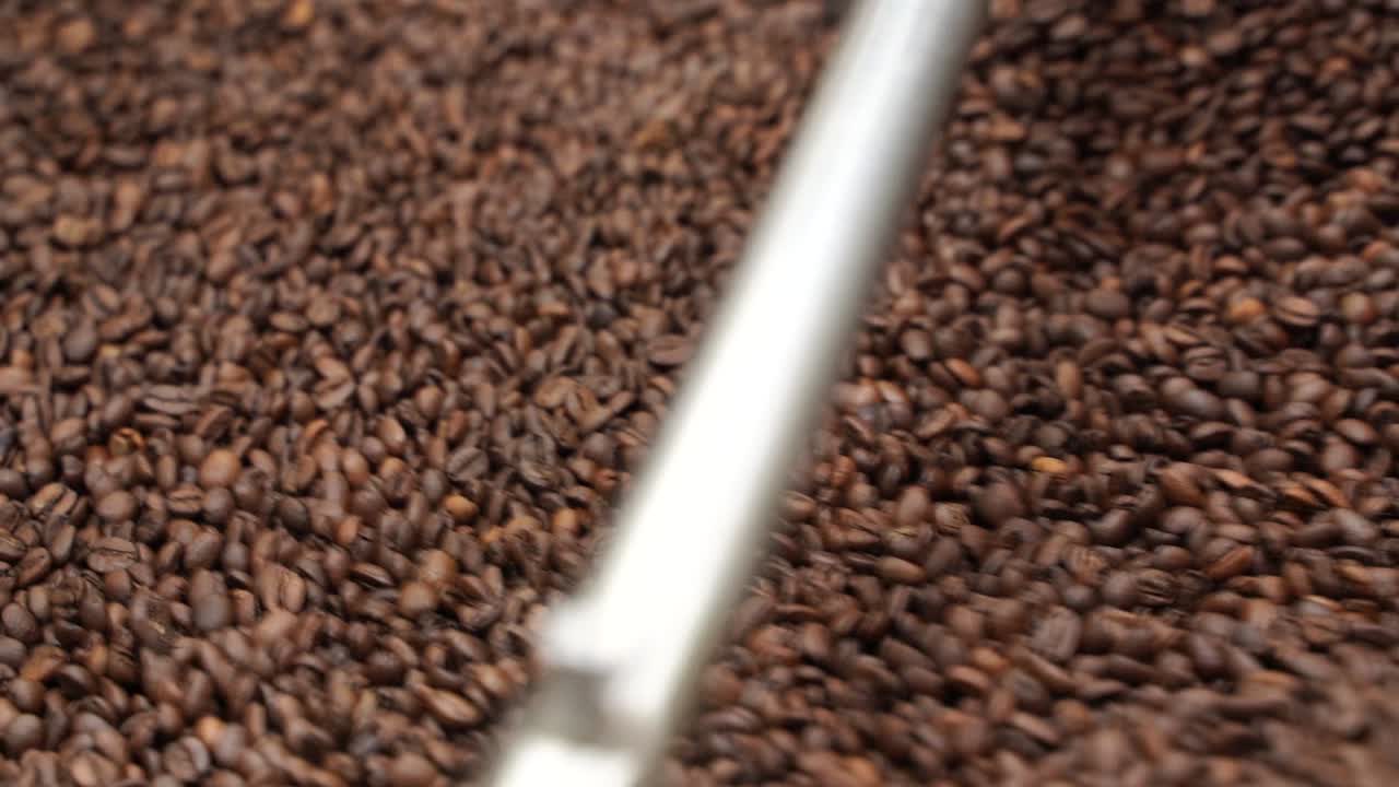 primer plano de los granos de café durante el proceso de tostado en la máquina