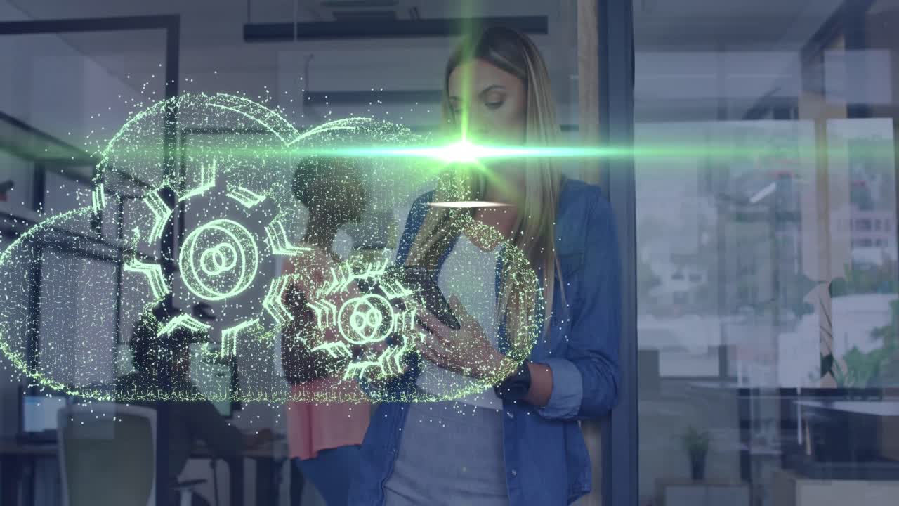 클라우드와 과 함께 데이터 프로세싱의 애니메이션 사무실에서 백인 사업가