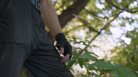 adventurer body view from chest to knee green leaf brushing knee tank top soaked with sweat dappled sunlight filtering through branches onto muscular torso forest undergrowth mood calm vigilant