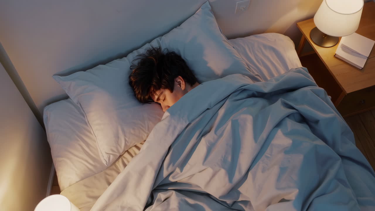 Young person sleeping soundly in bed at night
