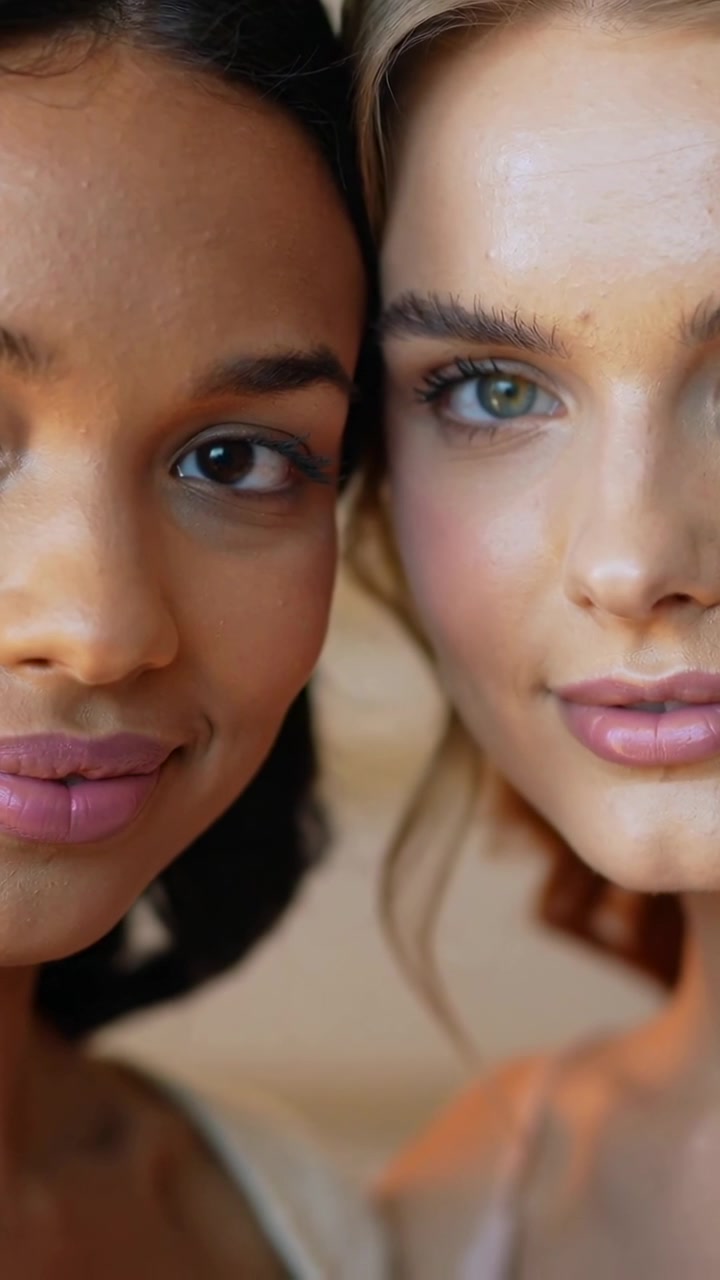 Vertical video: Posing closely two women showing small facial movements after studio cue, makeup