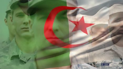 animation of flag of algeria over diverse male soldiers