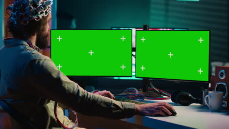 transhumanista usando la neurociencia para obtener el alma digital a través de chroma key pc