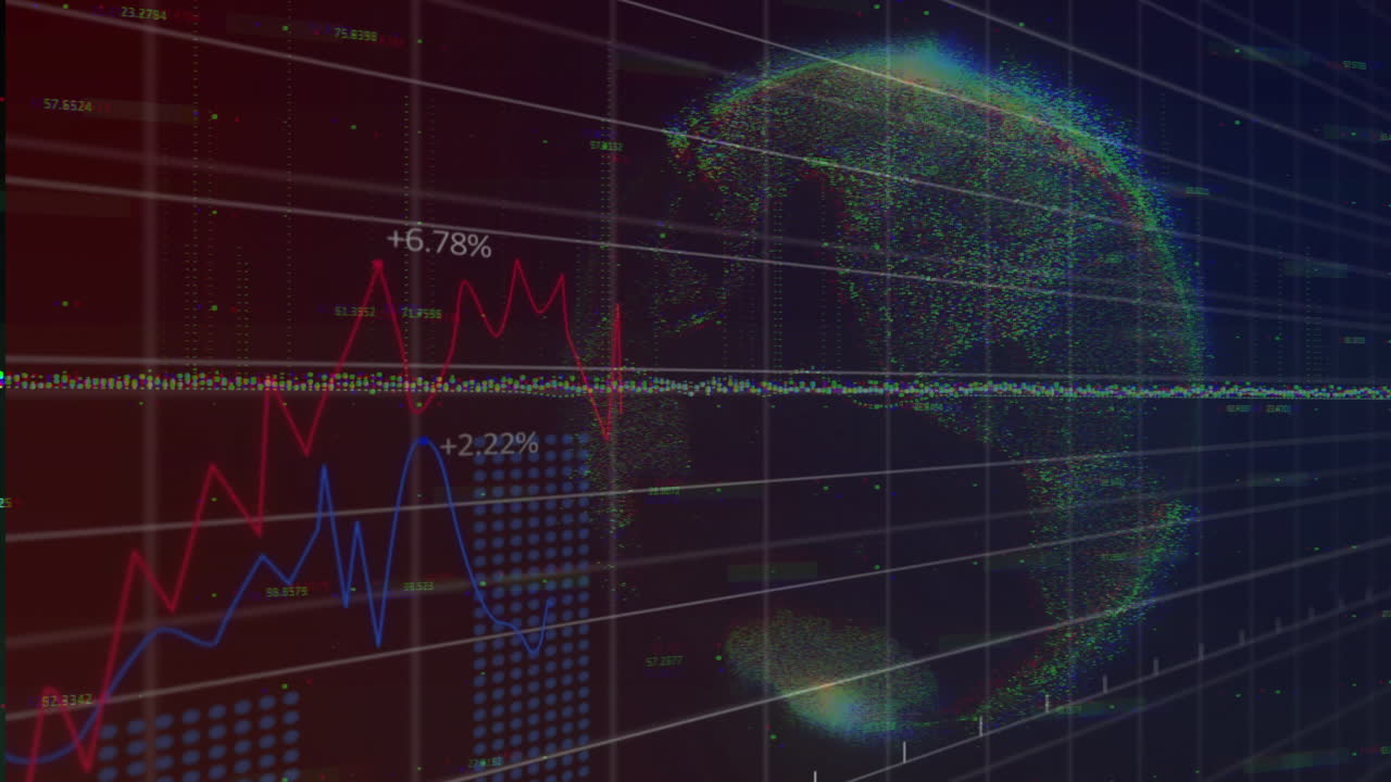 Data visualization showing digital dashboard, with red and blue line charts and dotted globe