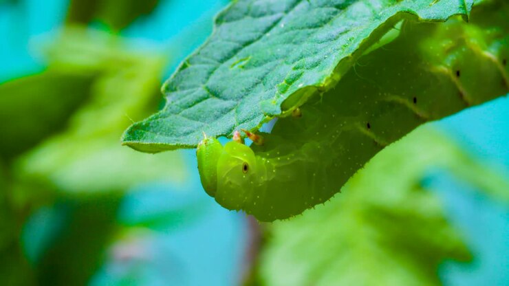 A caterpillar eating a tomato plant