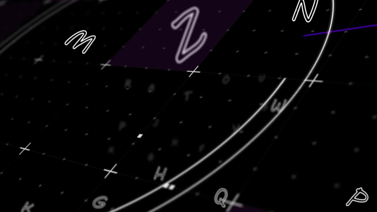 Animation of circles and letters on black background