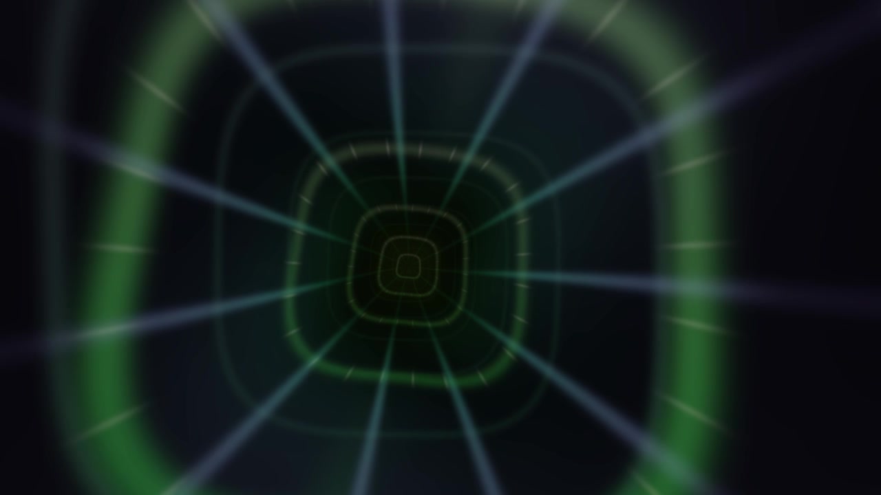 A tunnel appears to stretch into the distance while light lines move along the edges. The scene creates a sense of motion and depth with geometric patterns