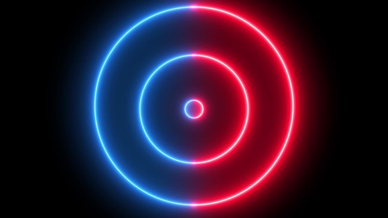 círculos futuristas de neón azul y rojo en expansión en movimiento