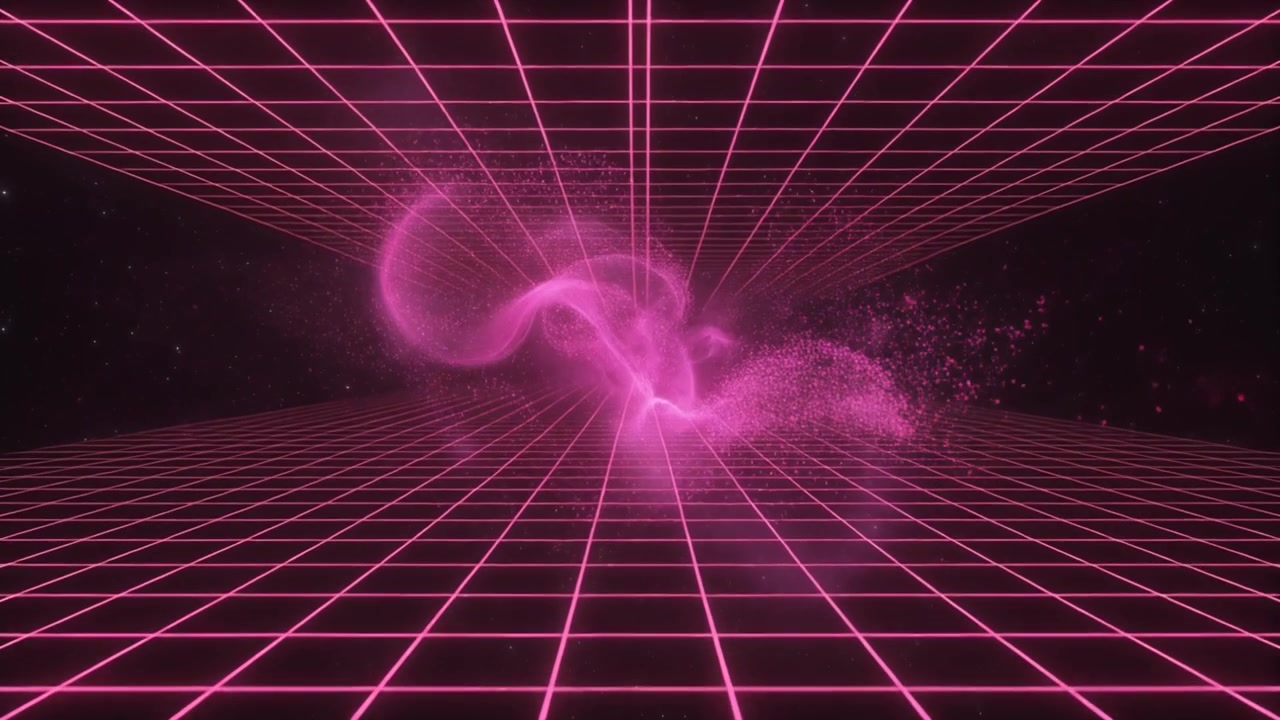 Sfondo a griglia Retro Synthwave con nebulosa di particelle rosa fluttuanti