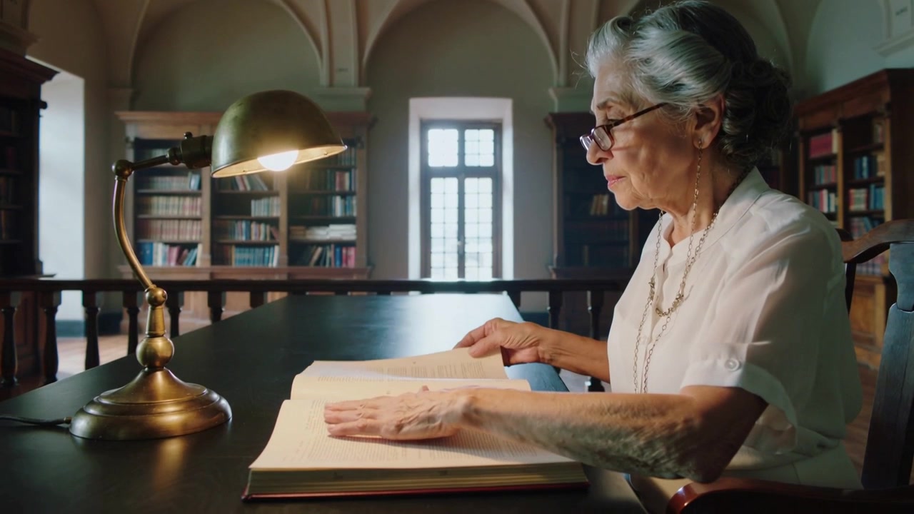 Senior woman wearing glasses and pearls studying folio, turning pages at library desk, copy space