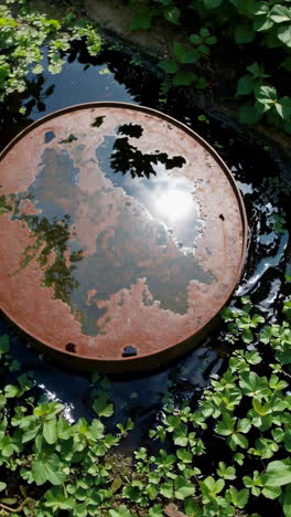 rusty barrel in a water-filled garden