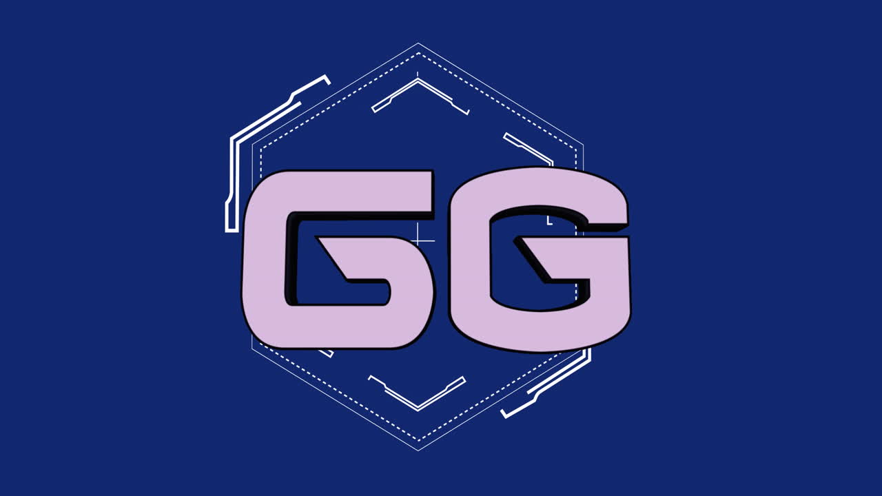 animación de un banner de texto de 6g sobre una forma hexagonal abstracta contra un fondo azul