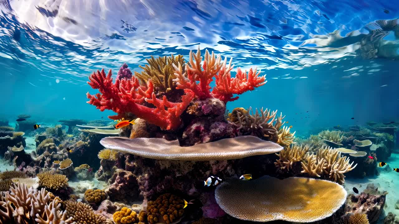 Un vídeo submarino captura un arrecife de coral vibrante desde un ángulo bajo, mostrando una colorida vida marina