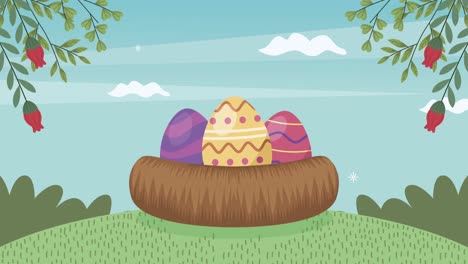 happy easter animation with eggs in nest