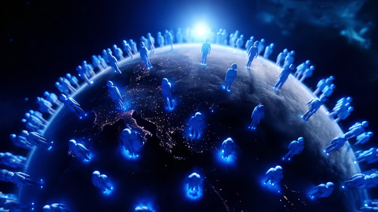 A Surreal Visualization of Humanity's Connection to Earth, Featuring Stylized Blue Figures Circling the Globe, Symbolizing Global Unity, Collective Existence, and Interconnectedness Amidst Celestial Elements