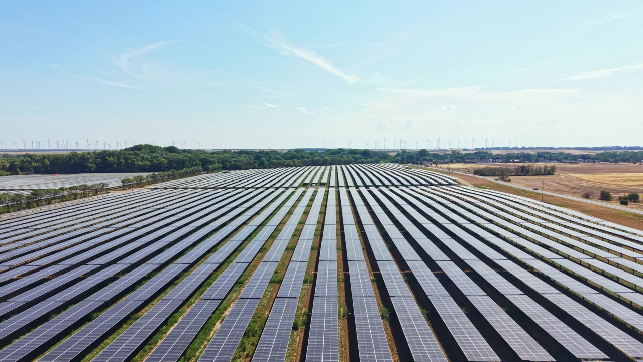 Solpaneler dækker jorden på en stor mark og fanger sollys til energi nær vindmøller og grønne træer under en blå himmel