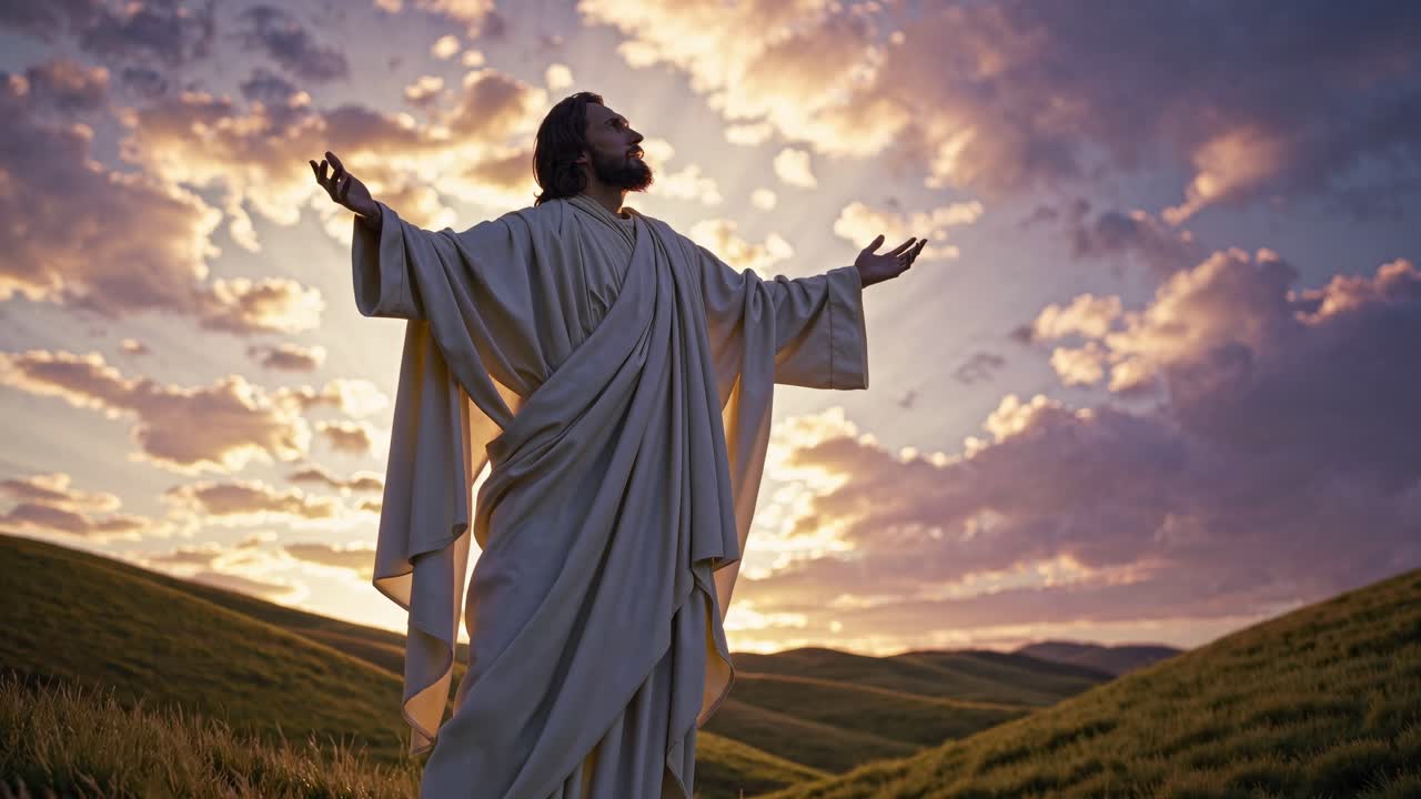 A serene video scene of a robed figure with arms raised, captured from a low angle