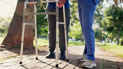 Senior,-man-and-walker-with-nurse-for-walking