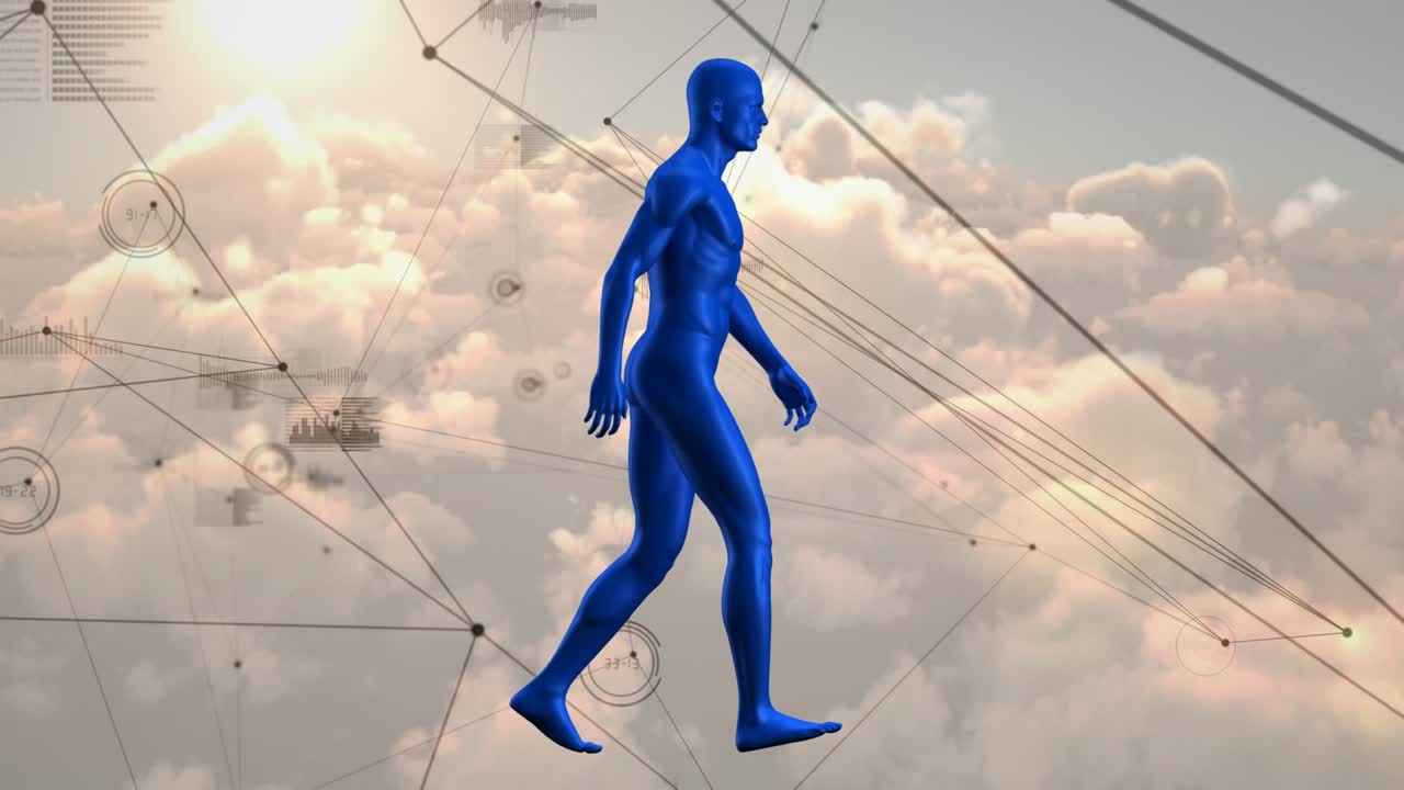 Animation of network of connections and data processing over human body model